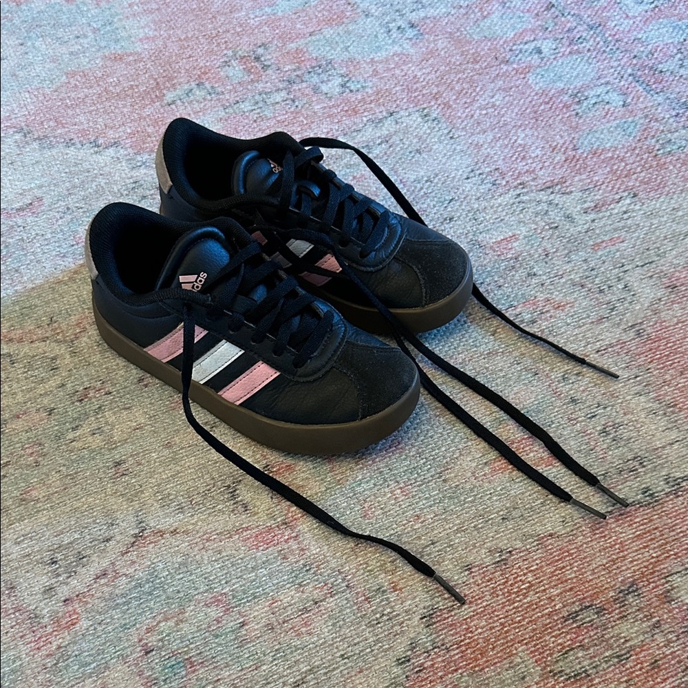 adidas Kids Black Sneakers with Pink and White Stripes
